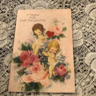 Vintage Greeting Card Valentine Daughter Angels Cupid’s Flowers