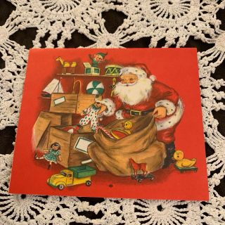 Vintage Greeting Card Christmas Santa Claus Toy Sack Doll Bins