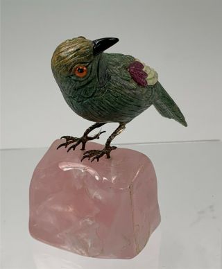 Brazilian Hand Carved Stone Bird Green Ruby In Zoisite On Rose Quartz Base