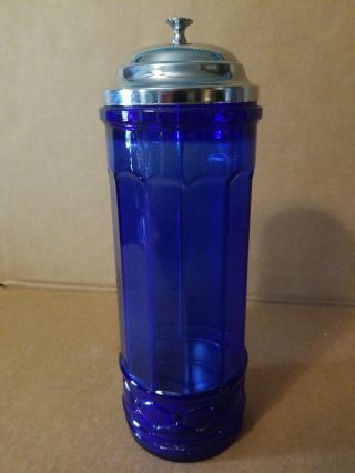 Vintage Glass Straw Holder Dispenser Cobalt Blue Chrome Lid Depression Style