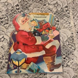 Vintage Greeting Card Christmas Santa Claus Doll Bear Lantern Reindeer