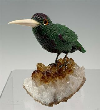 Brazilian Hand Carved Stone Hummingbird On Base Crystal Base Ruby In Zoisite