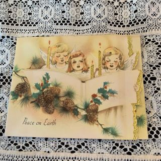 Vintage Greeting Card Christmas Angels Book Pine Cones Candles