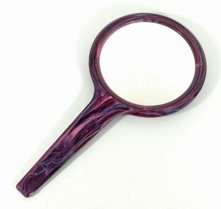 Vintage Hand Held Vanity Mirror Purple Color Pyralin Celluloid Bakelite Plastic