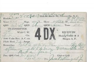 1924 4dx Greenville S.  C.  Qsl Radio Card.