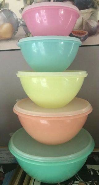 Set Of 5 Vintage Tupperware Pastel Wonderlier Nesting Bowls Sheer Lids