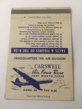 Vintage Matchbook Cover Matchcover Us Carswell Air Force Base Fort Worth Tx