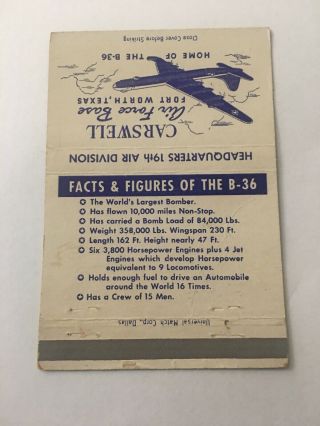 Vintage Matchbook Cover Matchcover US Carswell Air Force Base Fort Worth TX 2
