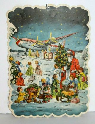 1950s Made In Western Germany Christmas Advent Calendar Santa Airplane Card Vtg