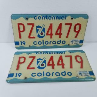 Pair 1975 Vintage Centennial Colorado Usa License Plate Pz - 4479 Red And Blue