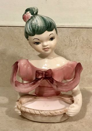 5 " Vintage Enesco Lady Pink Lipstick Holder Vanity Items Ceramic 60 