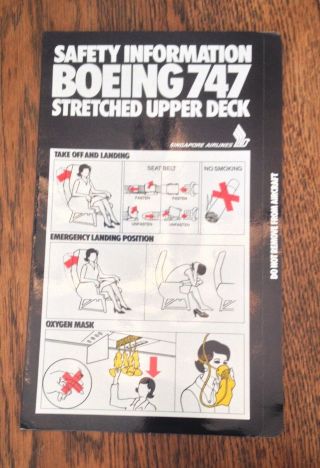 Singapore Airlines Boeing B - 747 - 400 Flight Safety Card.  Mid - 1980 