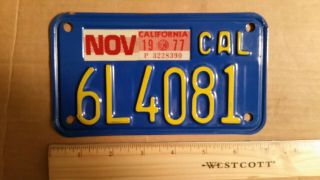 License Plate,  Blue California,  Motorcycle,  1977,  6l 4081