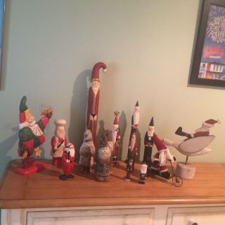 14 Wooden Folk Santas— - From Personal Collection—used But.