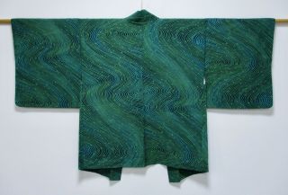Japanese Kimono Silk Haori / Green & Indigo Blue / Ex / Rare Pattern /125