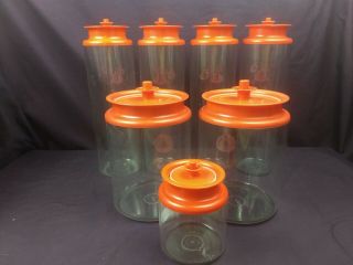Vintage Retro Tupperware Clear Acrylic Orange Push Button Top Canister Set Of 7