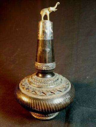 Antique African Hand Carved Pottery & Silver Elephant Capped Carafe Bottle