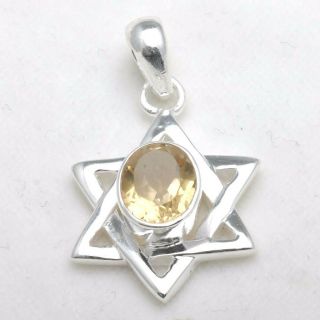 925 Sterling Silver Jewish Star Of David Pendant Yellow Citrine Judaica