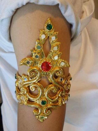 Traditional Thai Dance Gold Costume Upper Arm Crown Art Craft Ram Carved Armlet
