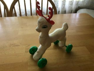 Vintage Empire Reindeer On Wheels Plastic Blow Mold Christmas Pull Toy