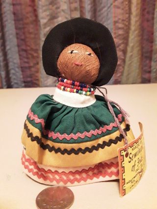 Authentic Vintage Seminole Indian Doll In Traditional Dress,  With Display Case