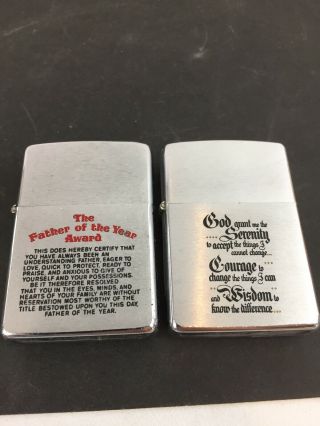 2 Zippo Lighters: Father Of The Year Award & A.  A.  Serenity Prayer 1977 & 1978