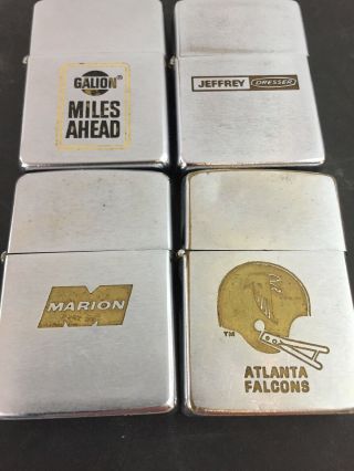 4 Vintage Advertising Zippo Lighters Atlanta Falcons,  Galion,  Marion,  Dresser
