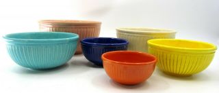 Vintage Retro 6 Piece Nested Glazed Pottery Mixing Bowl Set - Bauer Type