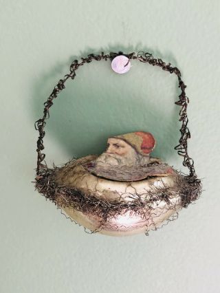 Rare Antique German Glass Christmas Ornament - Nest With Paper Scrap Santa