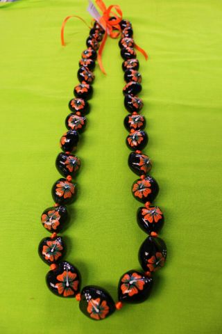 Hawaii Wedding / Graduation Kukui Nut Lei Necklace Black & Orange (qty 2)