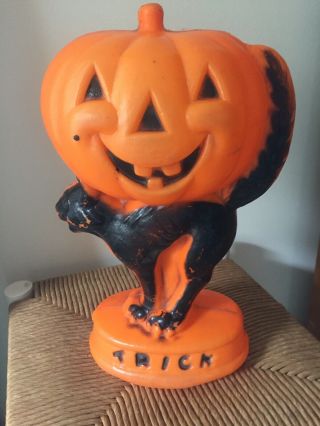 Halloween Vintage Pumpkin Black Cat Jack O Lantern Plastic Blow Mold 14 " 1960 