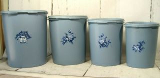 8 Piece Vintage Tupperware Servalier Canister Set Country Blue W/ Roses Flowers