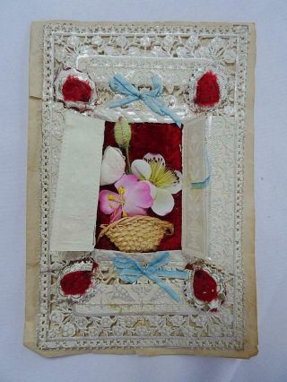 Victorian Paper Lace Antique Greeting Card Valentine Silk Flowers Opening Doors