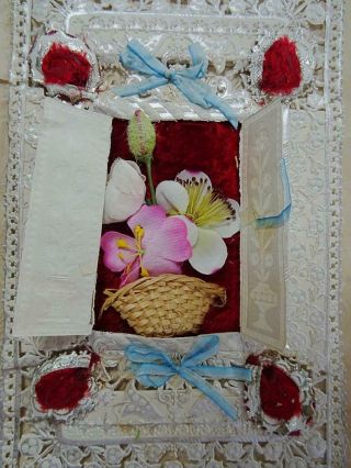 Victorian Paper Lace Antique Greeting Card Valentine Silk Flowers Opening Doors 2