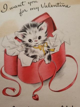 Vtg Hallmark Valentine Greeting Card Cute Kitten Cat Tissue Paper Heart Box 40s