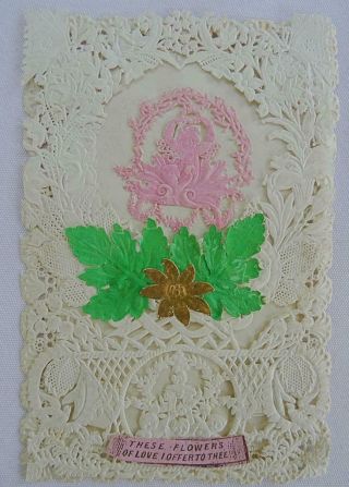 Victorian Paper Lace Antique Greeting Card Valentine Printed Cupid C1870