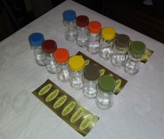 Set Of 12 Mid Century Modern Glass Spice Jars With Colored Lids Labels Japan