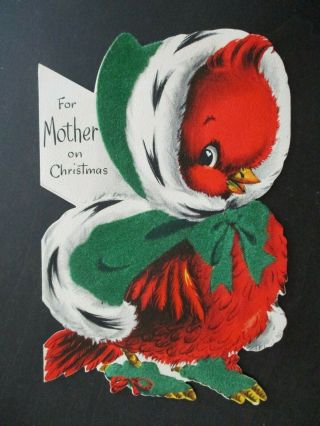 Red Bird Flocked Green Cape Fur Trimmed Vintage Hallmark Die Cut Christmas Card