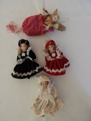 Set 4 Victorian Christmas Ornaments Velvets Outfits & Lace Porcelain Angel Dolls