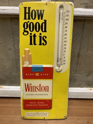 Vintage Winston Cigarettes Tobacco Advertising Thermometer Embossed Tin Sign Old