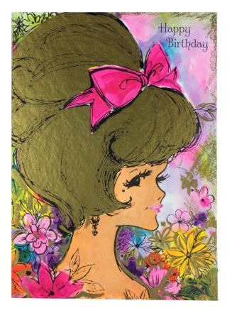 Vintage 1960’s Hallmark Birthday Card Lady Bouffant Hairdo Pretty Flowers