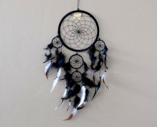 Dream Catcher Black 5 Circles Home Decoration Ornament Bead Feather Nylon 25 "