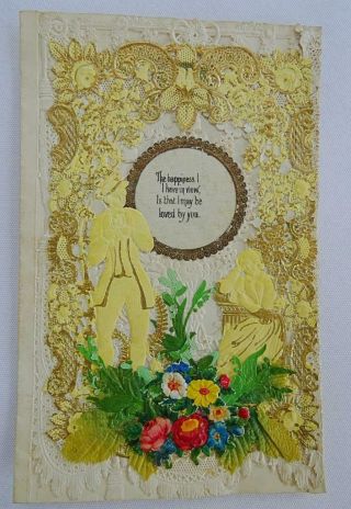 Victorian Paper Lace Antique Greeting Card Valentine Printed Silk Verse C1870