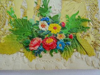 Victorian Paper Lace Antique Greeting Card Valentine Printed Silk Verse c1870 4