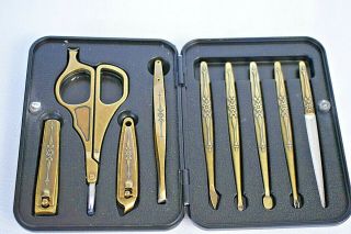 Vintage 9 Pc Manicure Set With Leather Case Made In Korea