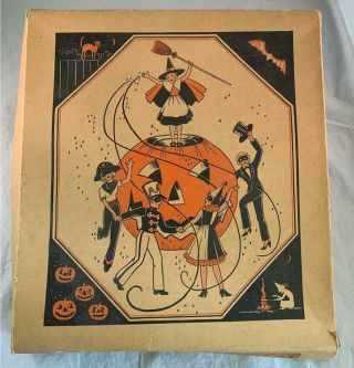 Vtg Halloween Costume Box 12 " X 14 " Great Images On Lid Pumpkin Witch Bat Cat