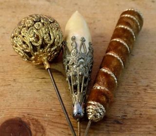 3 Lovely Victorian/art Deco Hat Pins With Various Tops