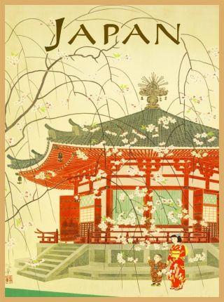 Geisha & Pagoda Japan Vintage Japanese Airlines Travel Advertisement Poster