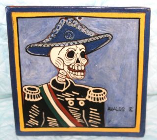 Vintage Day Of The Dead Solder Hand Painted 5 1/2 " Square Tile Signed Avalos E.