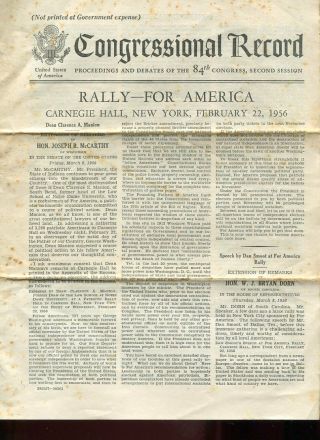 Rally - - For America February 22,  1956 /joseph Mccarthy Remarks /booklet / Rare